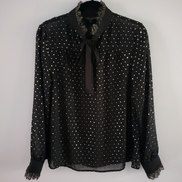Ted Baker London Riiaa Joyous Sheer Gold Dot Button-down Blouse Size 3/US 8 - Picture 2 of 9